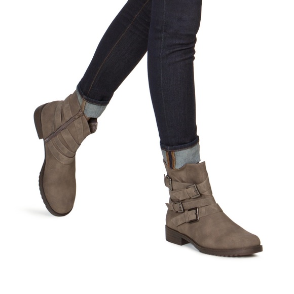 ShoeDazzle Shoes - ShoeDazzle Coraline Flat Moto Bootie in Taupe.
